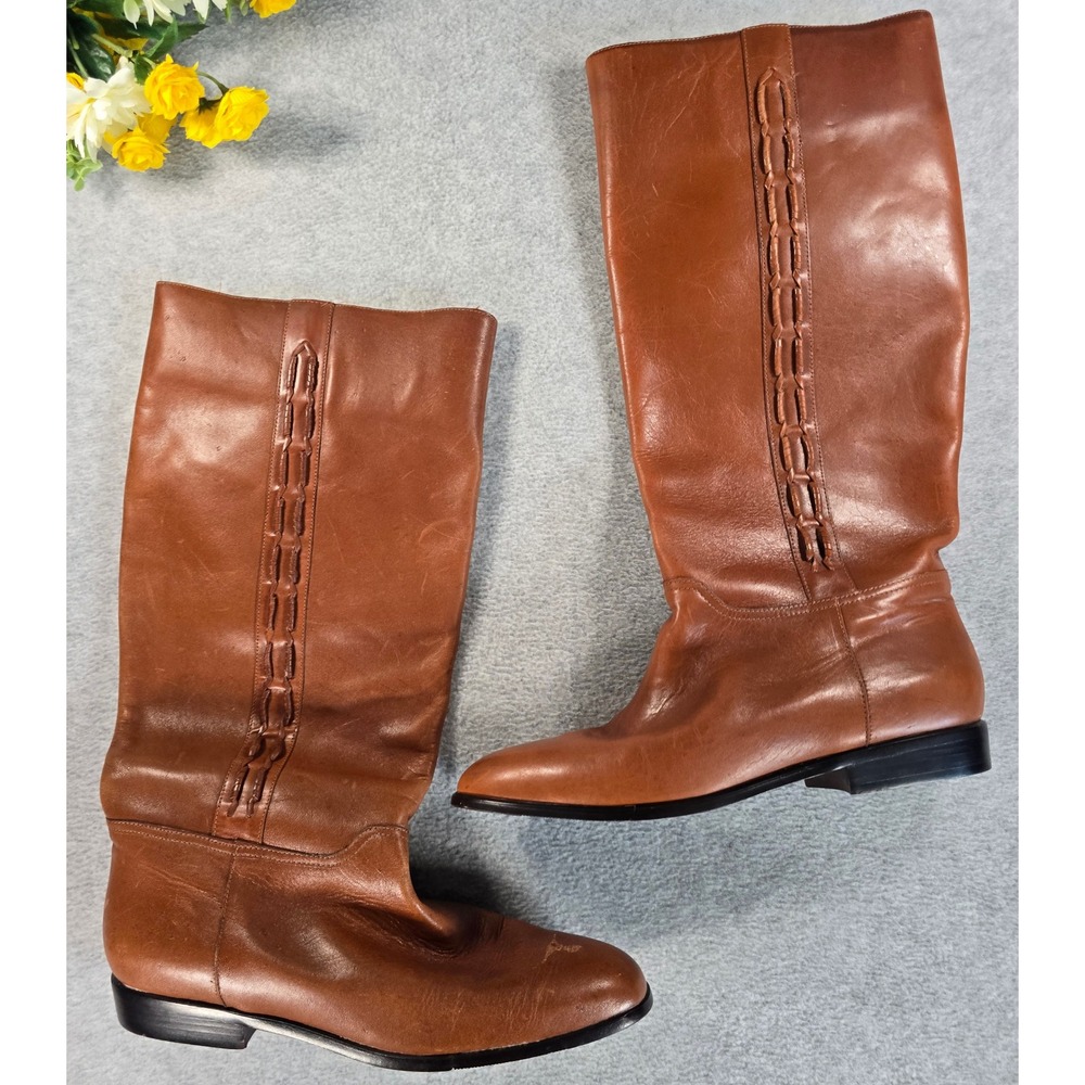 Nicole Catleia Savanna Riding Boots 9.5M Cognac Leather Tall Flat Heel Brazil